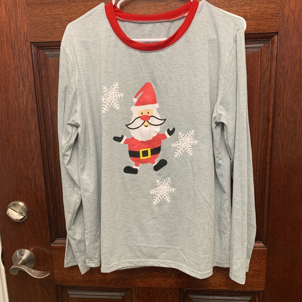 Santa Claus Long Sleeve Pajama Top - Gray with Red Trim